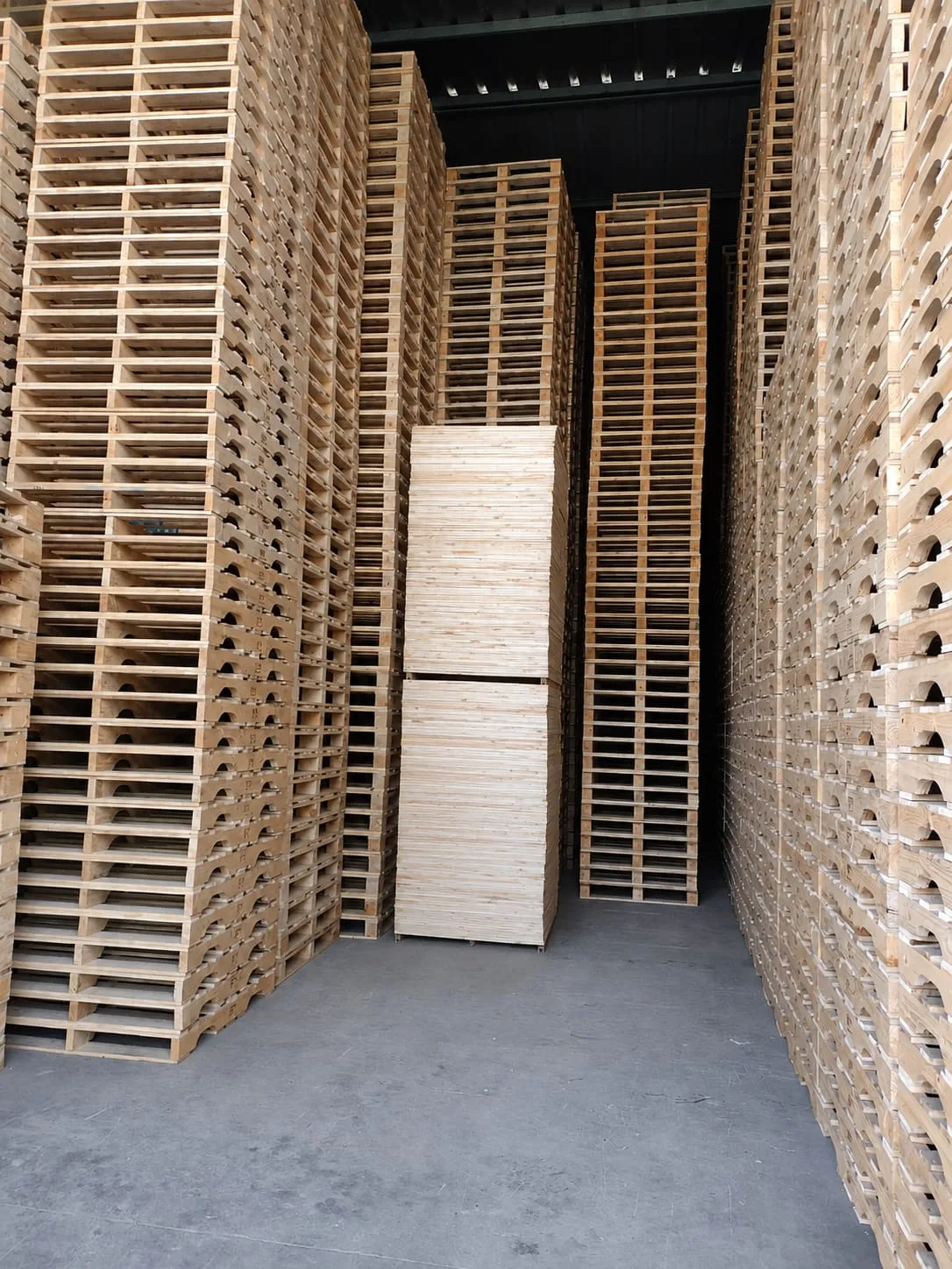 Pallets y soluciones de madera almacenados en una nave